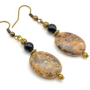Golden Feldspar Drop Earrings in Antique Brass